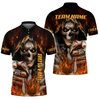 Custom Flaming Skull Bowling Polo Shirt Mens, Custom Skeleton Bowling Team Shirt BZ0685