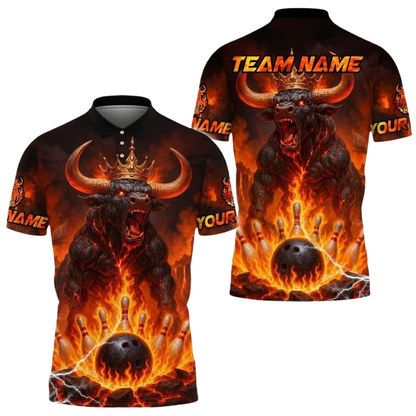 King Bull Custom Mens Flame Bowling Polo Shirt, Custom Bull Bowling Team Shirts BE0221