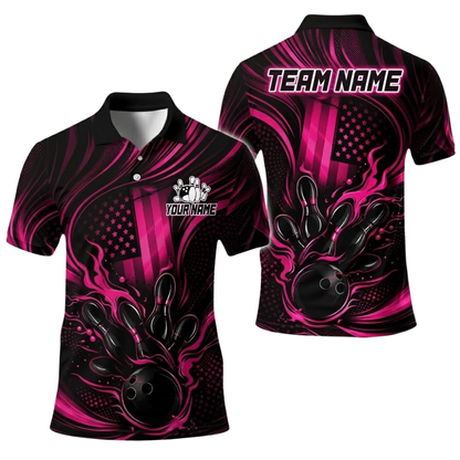 Custom Black And Pink Flame Mens American Flag Bowling Polo Shirt, Custom Flame Bowling Team Shirts BE0220