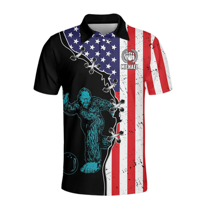 Custom Bigfoot American Flag Bowling Polo Shirt For Men, Custom Sasquatch Bowling Team Shirts BZ0784