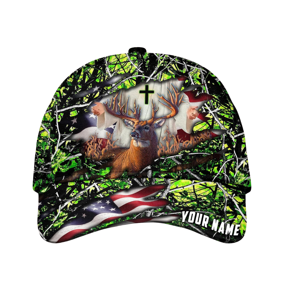 Deer Hunting Custom Cross American Flag Baseball Cap, Custom Christian Deer Cap Hat For Hunter CP0555