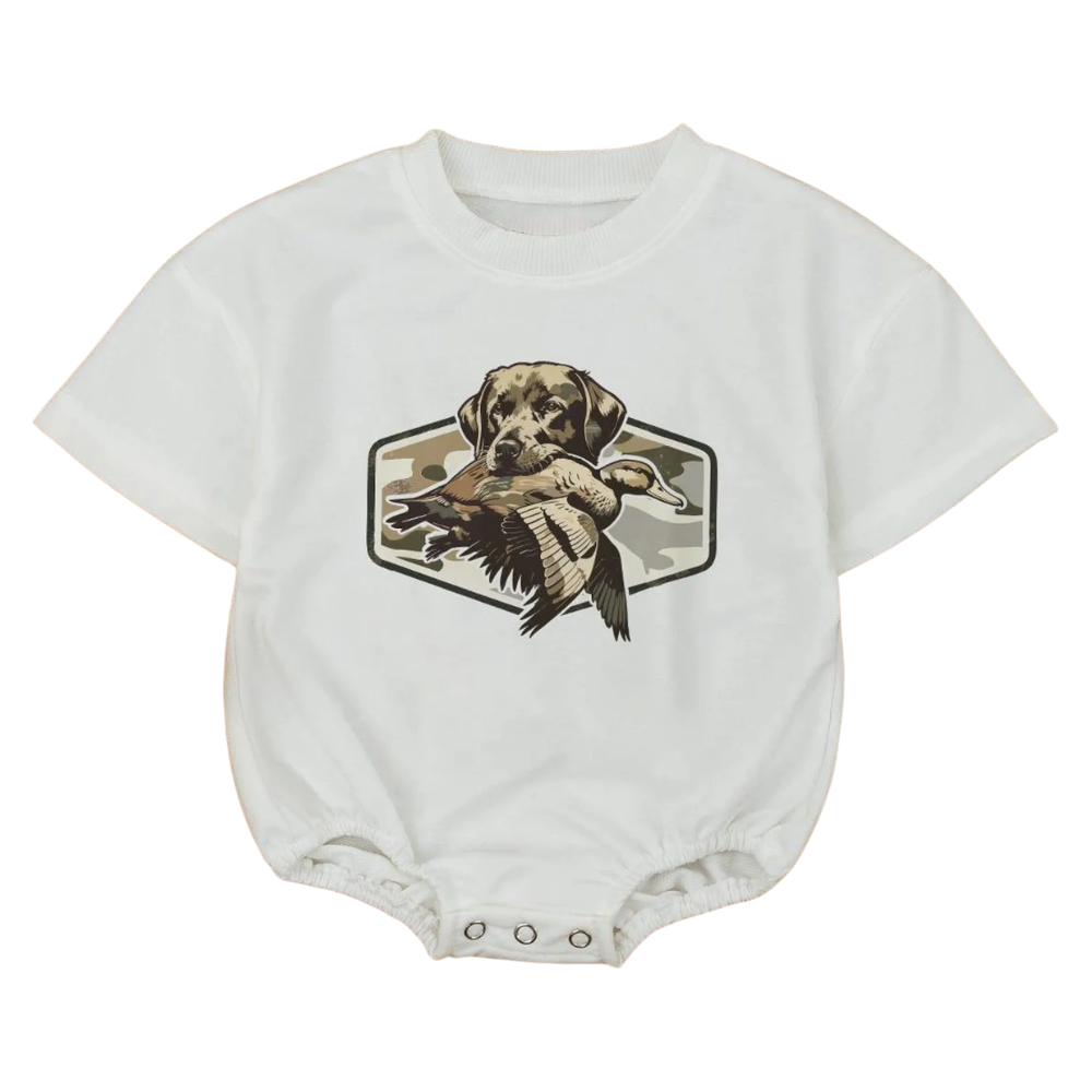 Camo Hunting Dog with Duck Baby T Shirt Romper, Camo Hunting Baby Romper BB0169