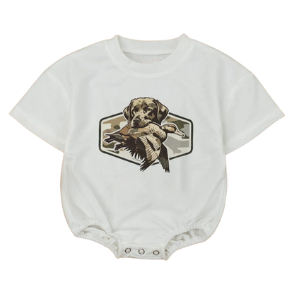 Camo Hunting Dog with Duck Baby T Shirt Romper, Camo Hunting Baby Romper BB0169