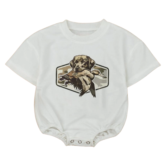 Camo Hunting Dog with Duck Baby T Shirt Romper, Camo Hunting Baby Romper BB0169