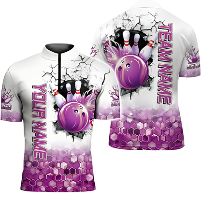 Purple And White Custom Team Bowling Jersey For Men, Custom Bowling Shirt BZ0847