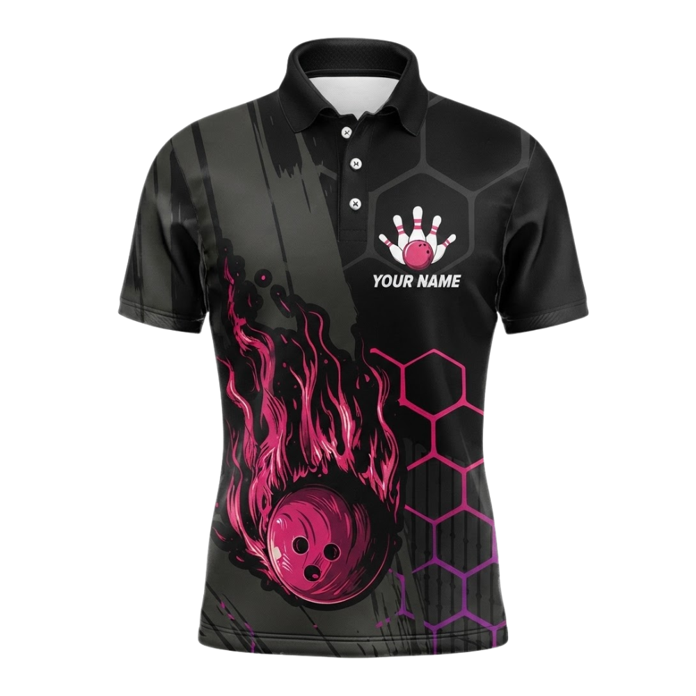 Custom Flame Pink Black Bowling Polo Shirt Mens, Custom Flame Bowling Team Shirts BZ0630