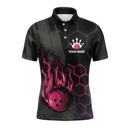 Custom Flame Pink Black Bowling Polo Shirt Mens, Custom Flame Bowling Team Shirts BZ0630
