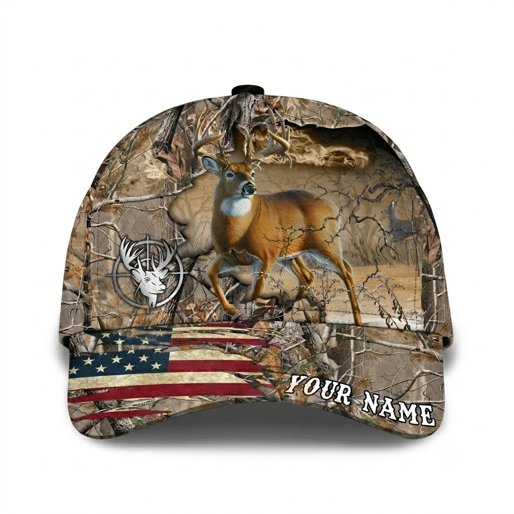Custom Deer Camo USA Flag Basball Cap 3D Printed, Custom Deer Hunting Cap Hat CP0722
