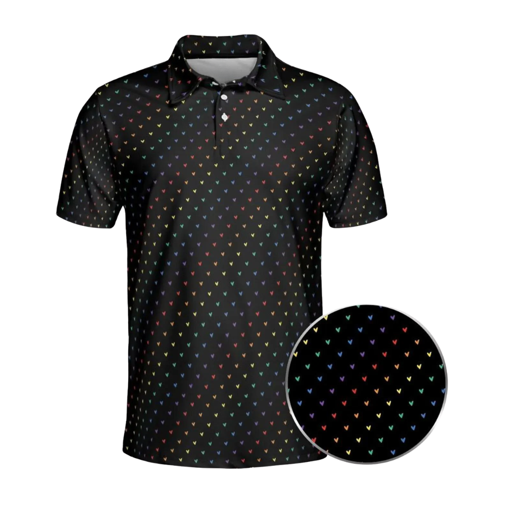 Men's Rainbow Heart Golf Polo Shirt, LGBTQ+ Golf Shirts For Pride Month GE0493