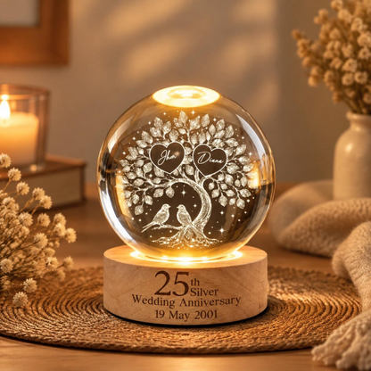 Custom Tree 25th Silver Wedding Anniversary Crystal Ball Led Night Light, Custom 25 Years Anniversary Night Light WD0862