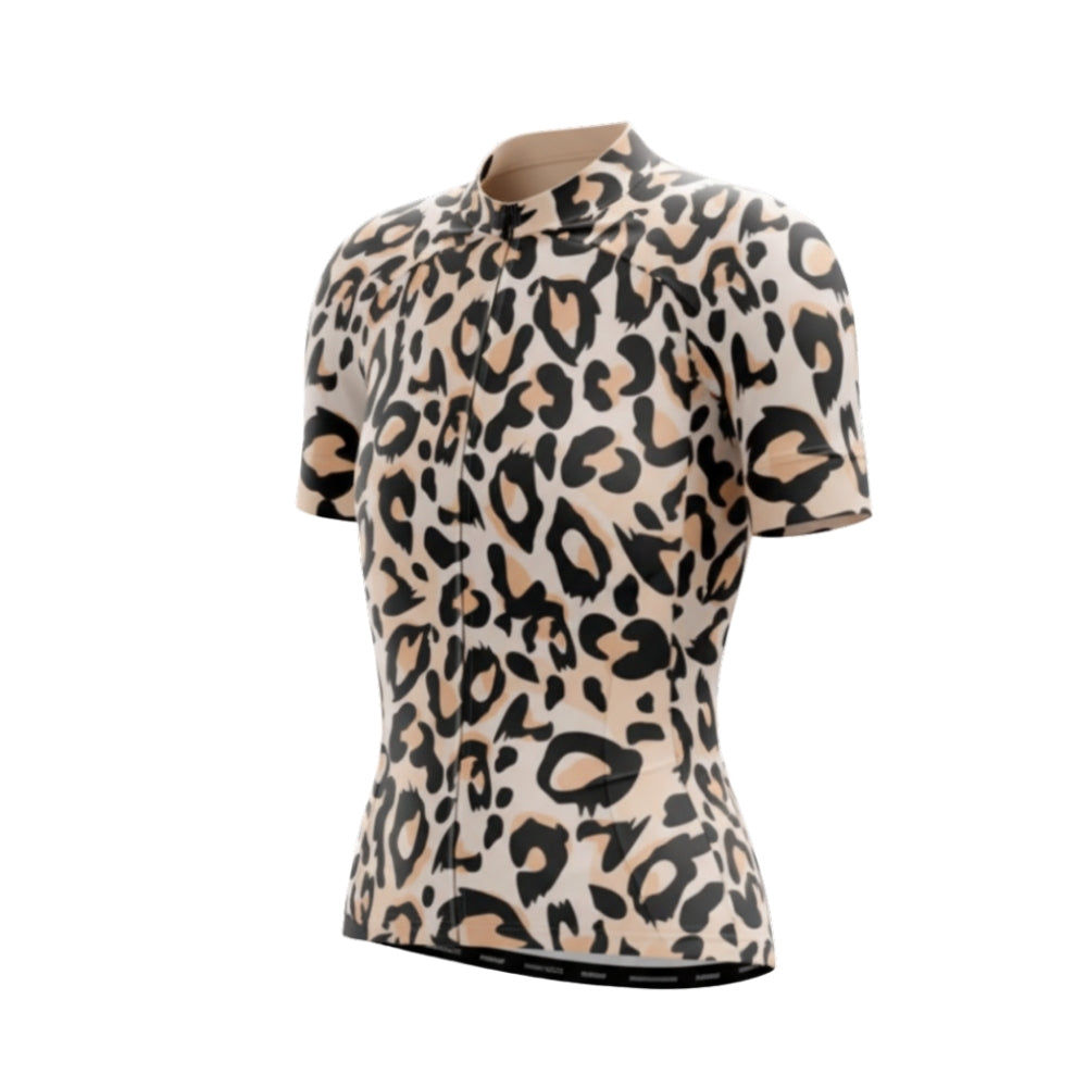 Leopard Black And Beige Cycling Short Sleeve Jersey Women, Leopard Cycling Jersey For Ladies CG0743