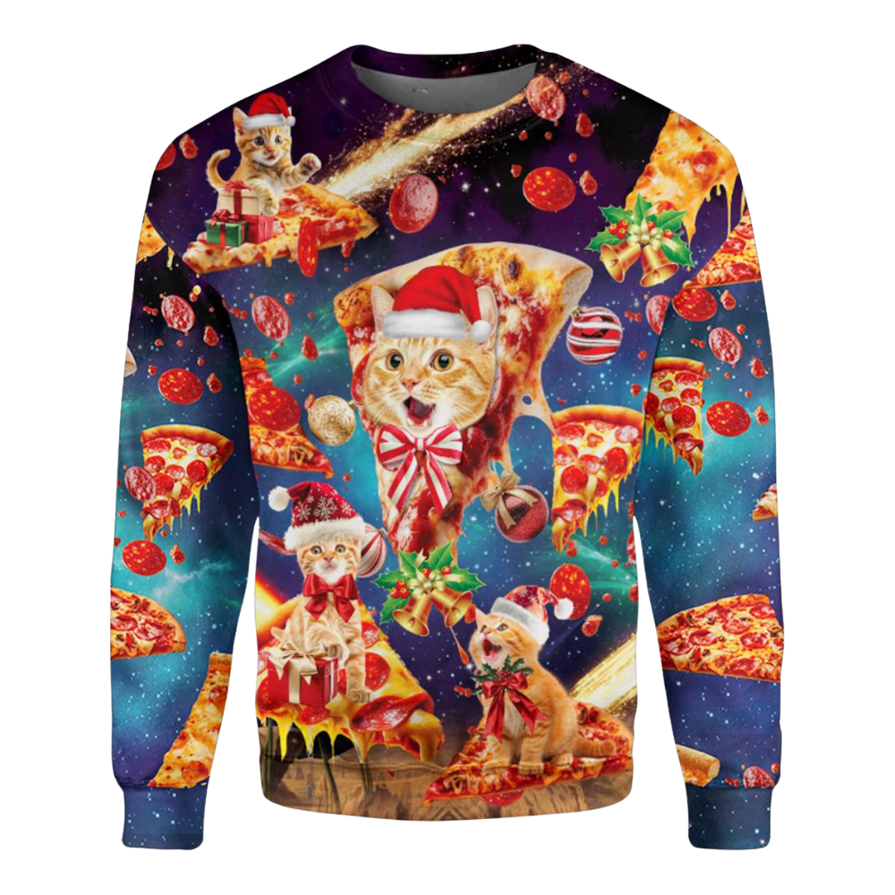 Cat Pizza Christmas Galaxy 3D Ugly Sweatshirt, Cat Lover Christmas Sweatshirt 2D1296