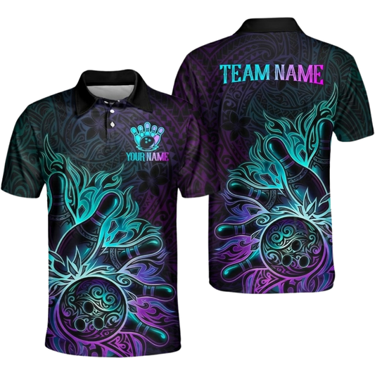 Custom Tribal Neon Purple Cyan Bowling Polo Shirt Mens, Custom Tribal Bowling Team Shirts BZ0499
