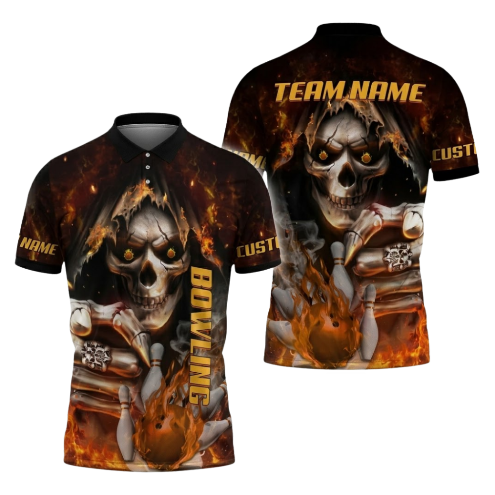 Custom Blue Skull Flaming Ball Bowling Polo Shirts For Men, Custom Skull Bowling Team Shirts BZ1088