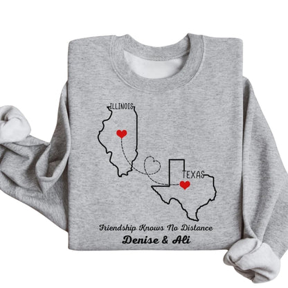 Custom State to State Long Distance Relationship Sweatshirt, Custom Heart in Two Places Sweatshirt 2D0826