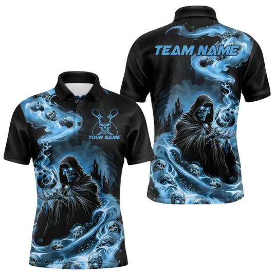 Custom Grim Reaper Flame Bowling Polo Shirt For Men, Custom Skull Bowling Team Shirt Blue Black BZ0596