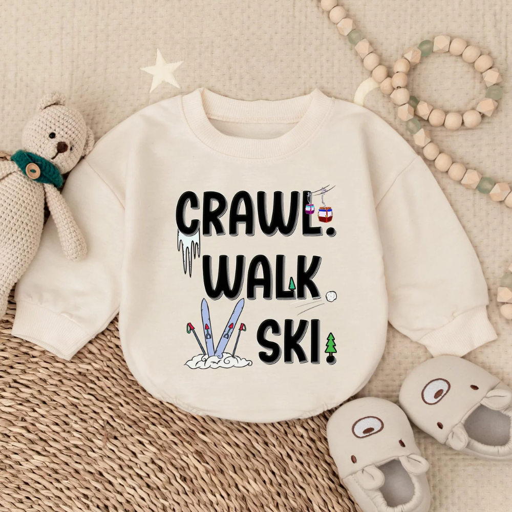 Crawl Walk Ski Baby Romper Sweatshirt, Skiing Romper Sweatshirt Baby BB0744