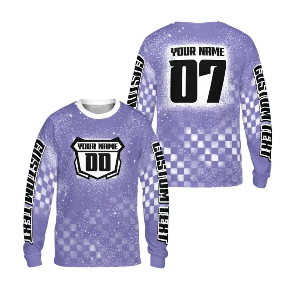 Custom Checkered Purple Motocross Long Sleeve Jersey For Men, Custom Checkered Racing Dirt Bike Shirts ME0030