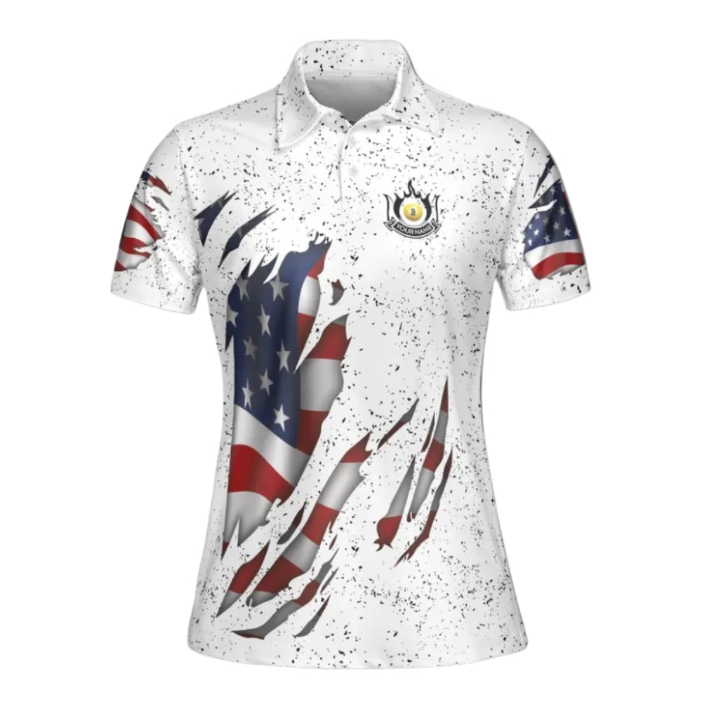 USA Flag Custom White Grunge Billiard Women Polo Shirts, Custom Patriotic Billiard Team Shirts Ladies BIE0031