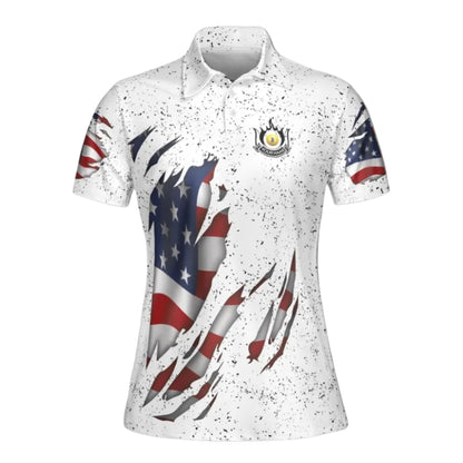 USA Flag Custom White Grunge Billiard Women Polo Shirts, Custom Patriotic Billiard Team Shirts Ladies BIE0031
