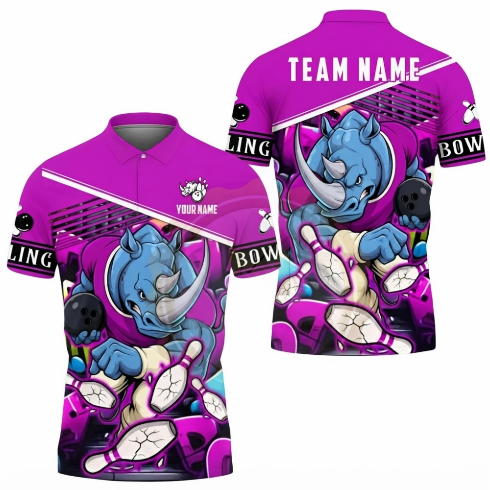 Custom Mens Rhino Bowling Polo Shirt Red Blue, Custom Rhino Bowling Team Shirts BZ0527