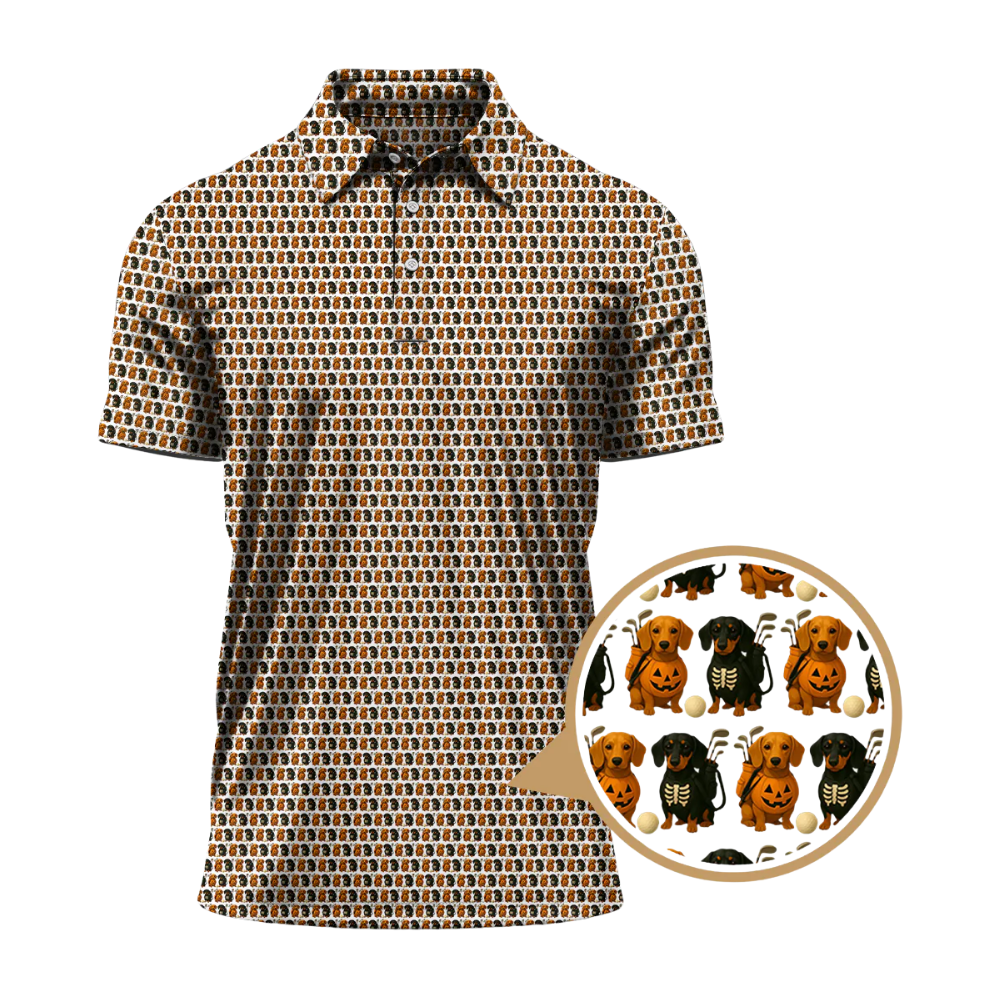 Pumpkin Dachshund Mens Golf Polo Shirt, Halloween Golf Shirt For Dachshund Lover GZ0343