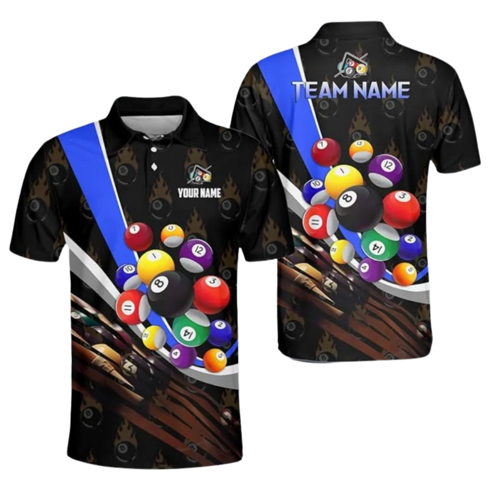 Flaming 8 Ball Custom Billiard Team Polo Shirts For Mens, Custom Pool Billiard Shirts BIZ0162