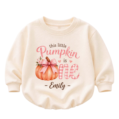 This Little Pumpkin Is One Custom Name Baby Romper Sweatshirt, Custom First Birthday Thanksgiving Baby Sweater BB0849