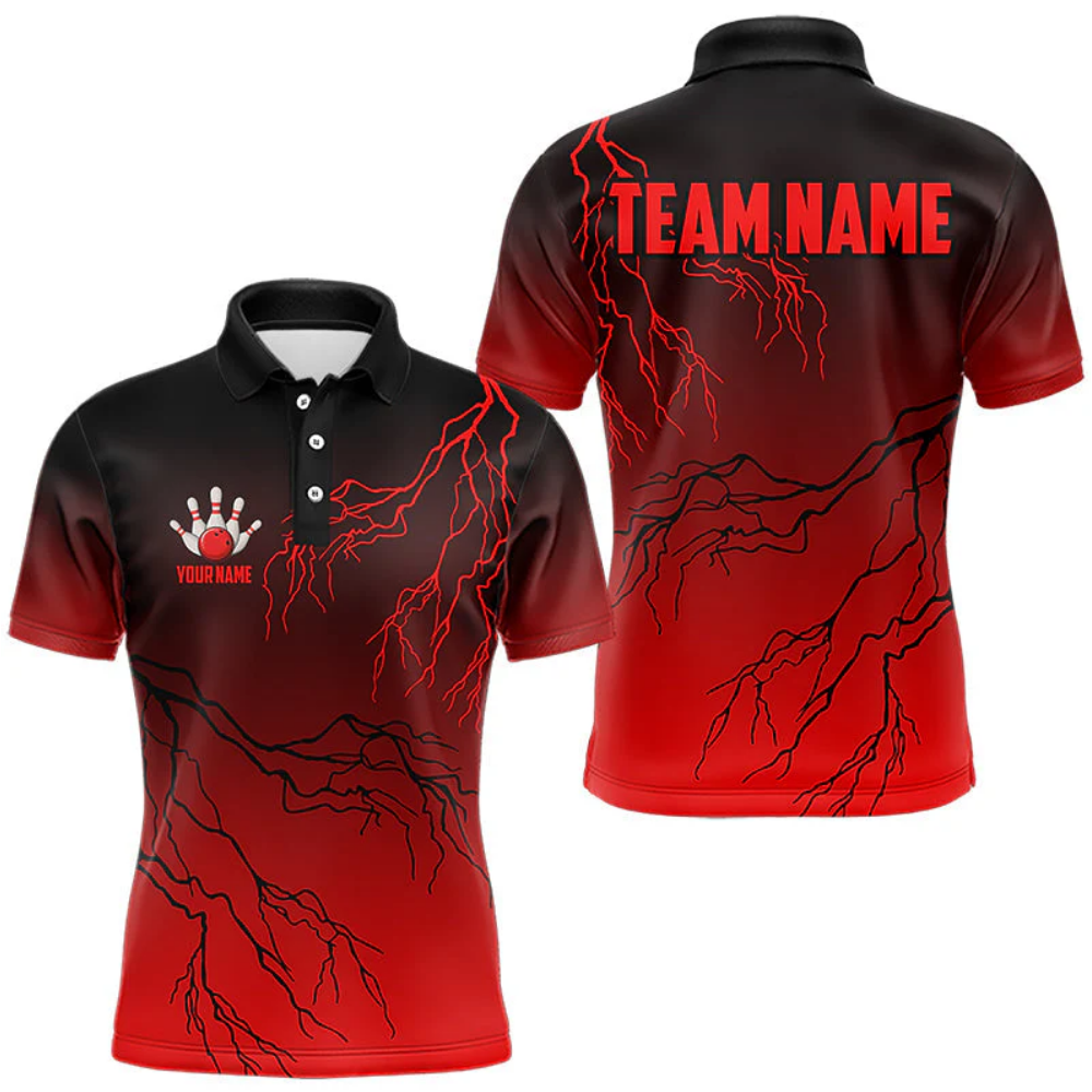 Custom Thunder Black And Red Bowling Mens Polo Shirt, Custom Team Thunder Bowling Shirts BZ0561