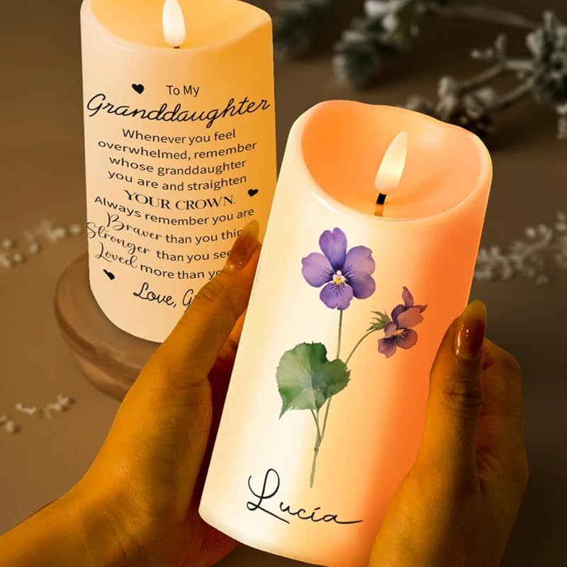 To My Daughter Straighten Your Crown Personalized Birth Flower LED Candle, Remember Whose Granddaughter You Are And Straighten Your Crown Led Candle TD0033