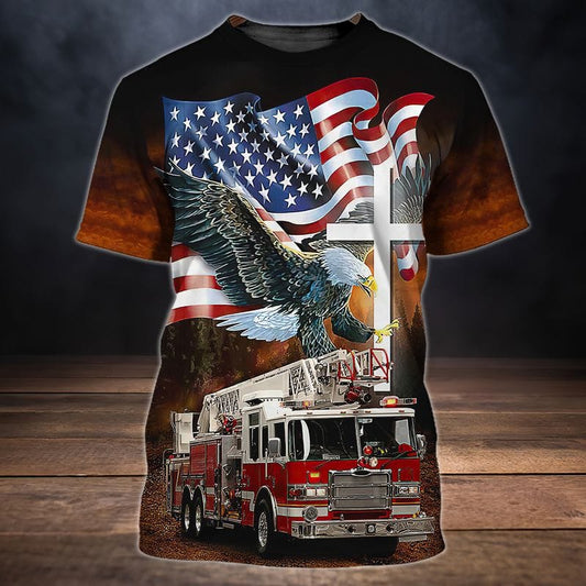 God Blessed Eagle Flag and Fire Truck Firefighter 3D All Over Print Shirt TO3280