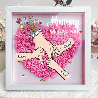 Family Love Blooms Forever Personalised Mum & Grandma Flower Shadow Box with Names, Mom Hands Holding We Love You Personalized Flower Shadow TD0013