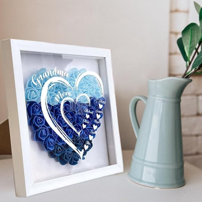Mom Grandma Hearts Custom Kids' Names Personalized Flower Shadow Box With LED Light, Custom Grandma Mom Heart Shaped Monogram Flower Shadow Box TD0028