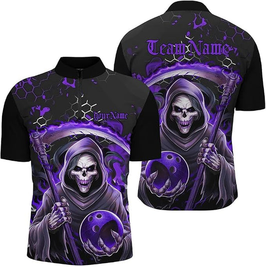 Reaper Custom Purple Black Bowling Jersey For Men, Custom Skull Team Bowling Shirts BZ0714