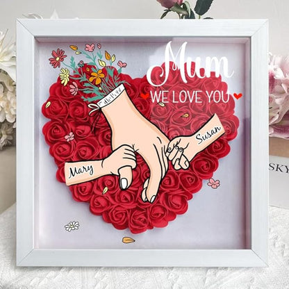 Family Love Blooms Forever Personalised Mum & Grandma Flower Shadow Box with Names, Mom Hands Holding We Love You Personalized Flower Shadow TD0013