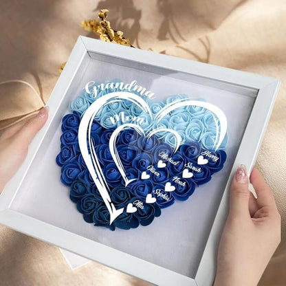 Mom Grandma Hearts Custom Kids' Names Personalized Flower Shadow Box With LED Light, Custom Grandma Mom Heart Shaped Monogram Flower Shadow Box TD0028