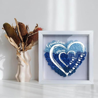 Mom Grandma Hearts Custom Kids' Names Personalized Flower Shadow Box With LED Light, Custom Grandma Mom Heart Shaped Monogram Flower Shadow Box TD0028