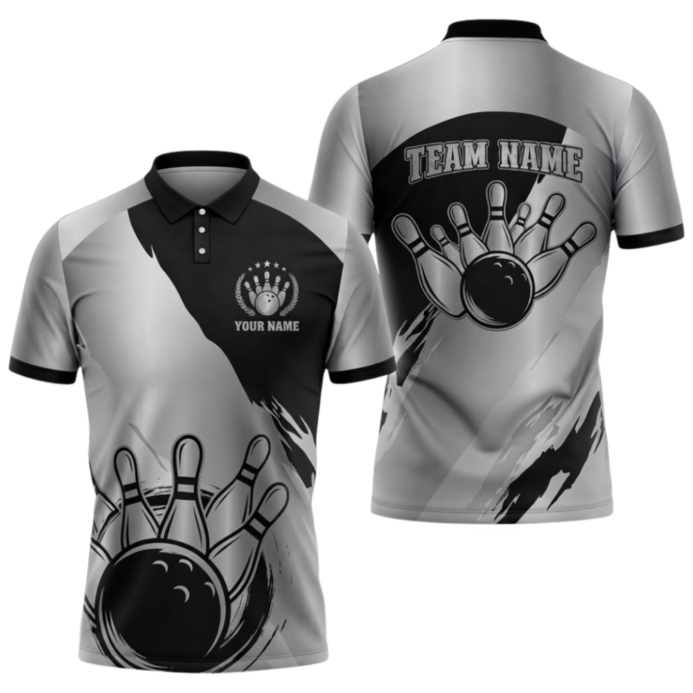 Custom Team Silver Black Bowling Polo Shirt, Men's Custom Bowling Shirt BZ0931