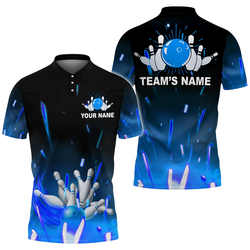 Blue Lightning Custom Mens Bowling Polo Shirt, Custom Team Bowling Shirts BZ0750