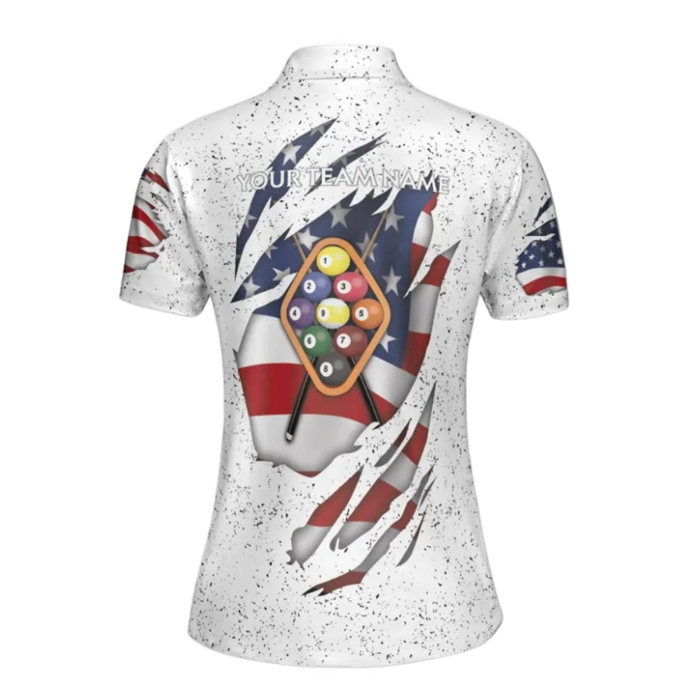 USA Flag Custom White Grunge Billiard Women Polo Shirts, Custom Patriotic Billiard Team Shirts Ladies BIE0031