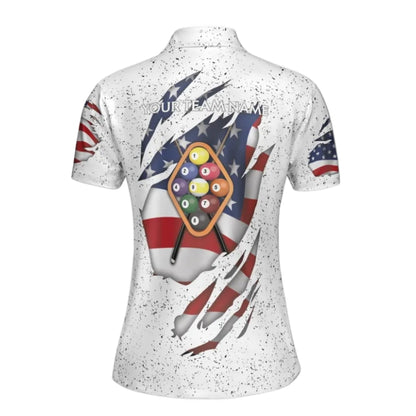 USA Flag Custom White Grunge Billiard Women Polo Shirts, Custom Patriotic Billiard Team Shirts Ladies BIE0031