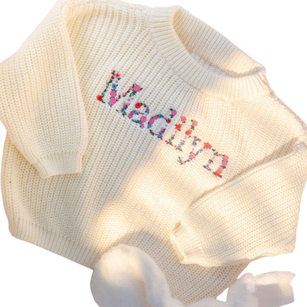Custom Name Floral Embroidered Baby Knit Sweater, Personalized Floral Baby Sweatshirt BB0320