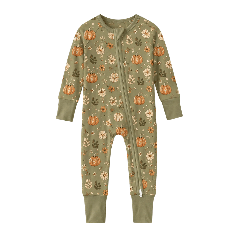 Pumpkin Floral Boho Baby Convertible Zippy Romper, Pumpkin Baby Romper Convertible BB0979