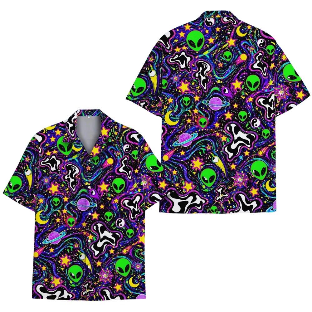 Alien Neon Purple Black Hawaiian Shirt For Men Women, Alien Space Hawaiian Shirts HE0538