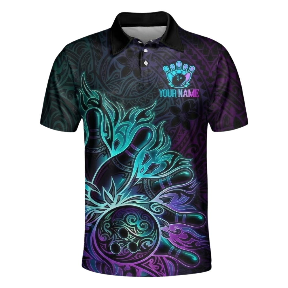 Custom Tribal Neon Purple Cyan Bowling Polo Shirt Mens, Custom Tribal Bowling Team Shirts BZ0499