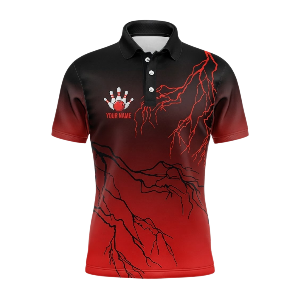 Custom Thunder Black And Red Bowling Mens Polo Shirt, Custom Team Thunder Bowling Shirts BZ0561