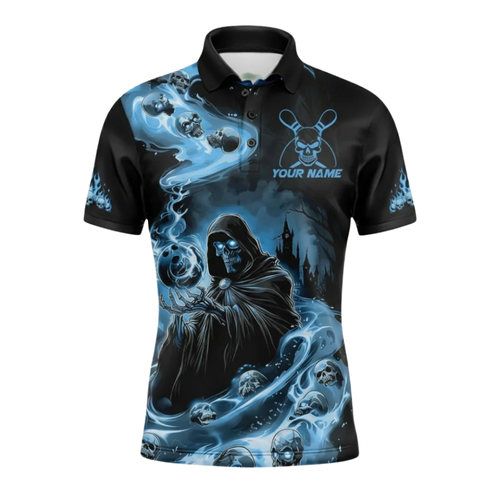 Custom Grim Reaper Flame Bowling Polo Shirt For Men, Custom Skull Bowling Team Shirt Blue Black BZ0596