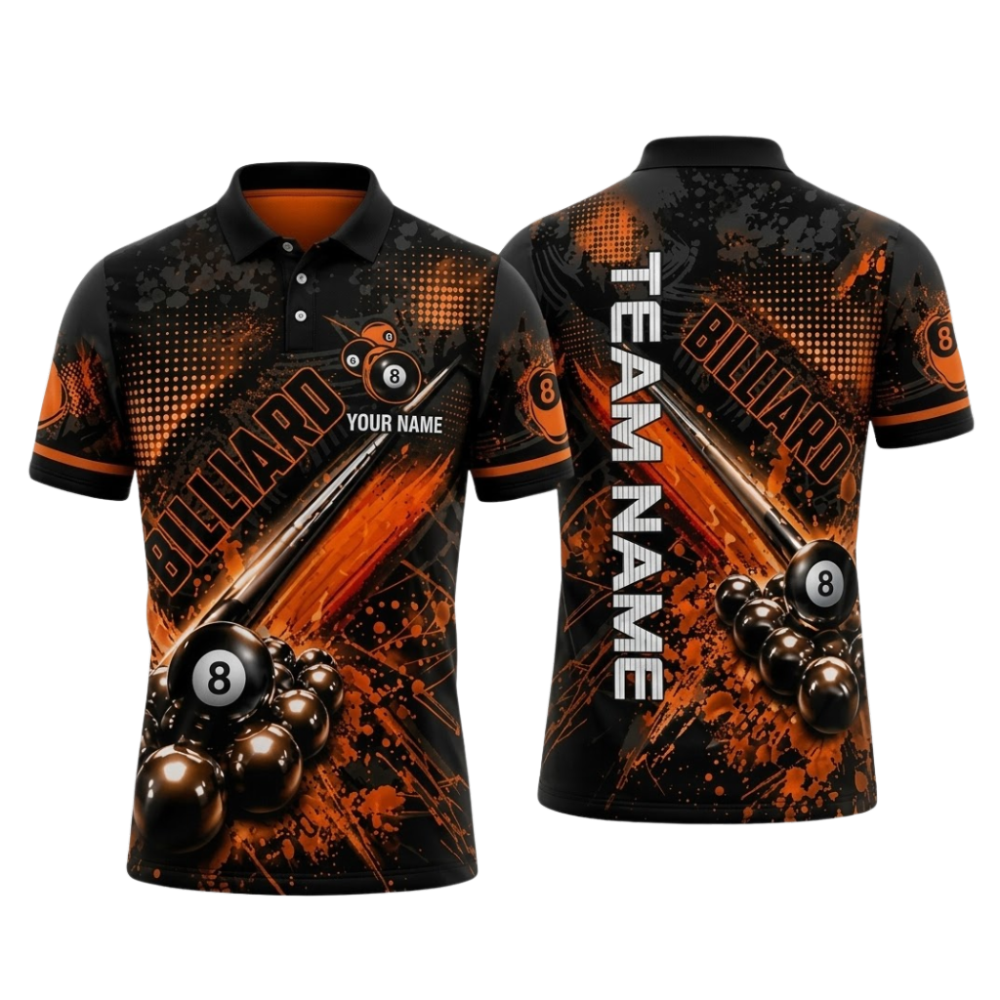 Custom Team Orange 8 Ball Polo Billiard Shirts For Men, Custom Team Billiard Shirts BIZ0337