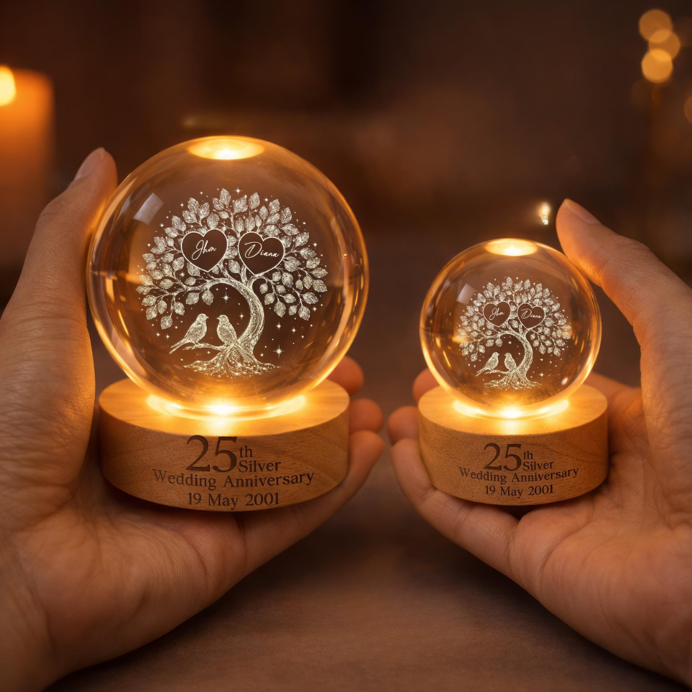 Custom Tree 25th Silver Wedding Anniversary Crystal Ball Led Night Light, Custom 25 Years Anniversary Night Light WD0862