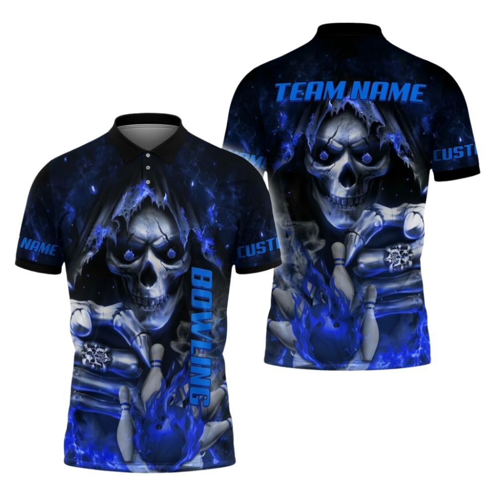 Custom Blue Skull Flaming Ball Bowling Polo Shirts For Men, Custom Skull Bowling Team Shirts BZ1088